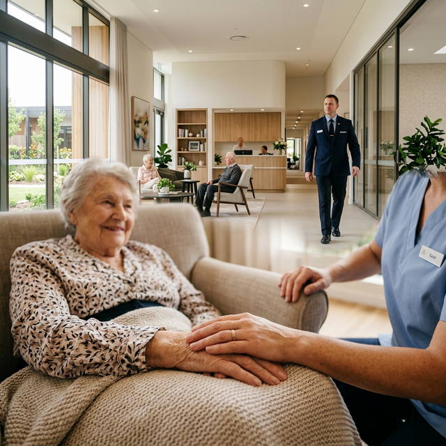 Professional Aged Care Security Guard providing compassionate protection in a Queensland facility