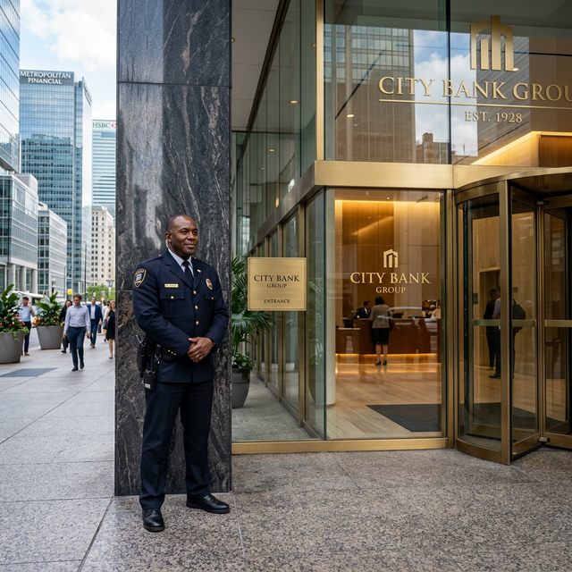 Secure bank-lobby-frontage with professional guard