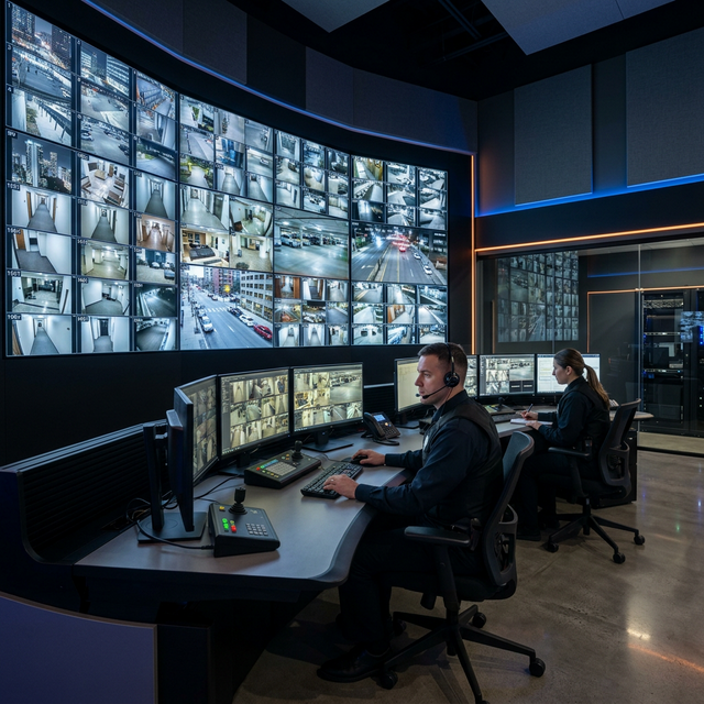 High-tech security control room with professional video surveillance monitoring