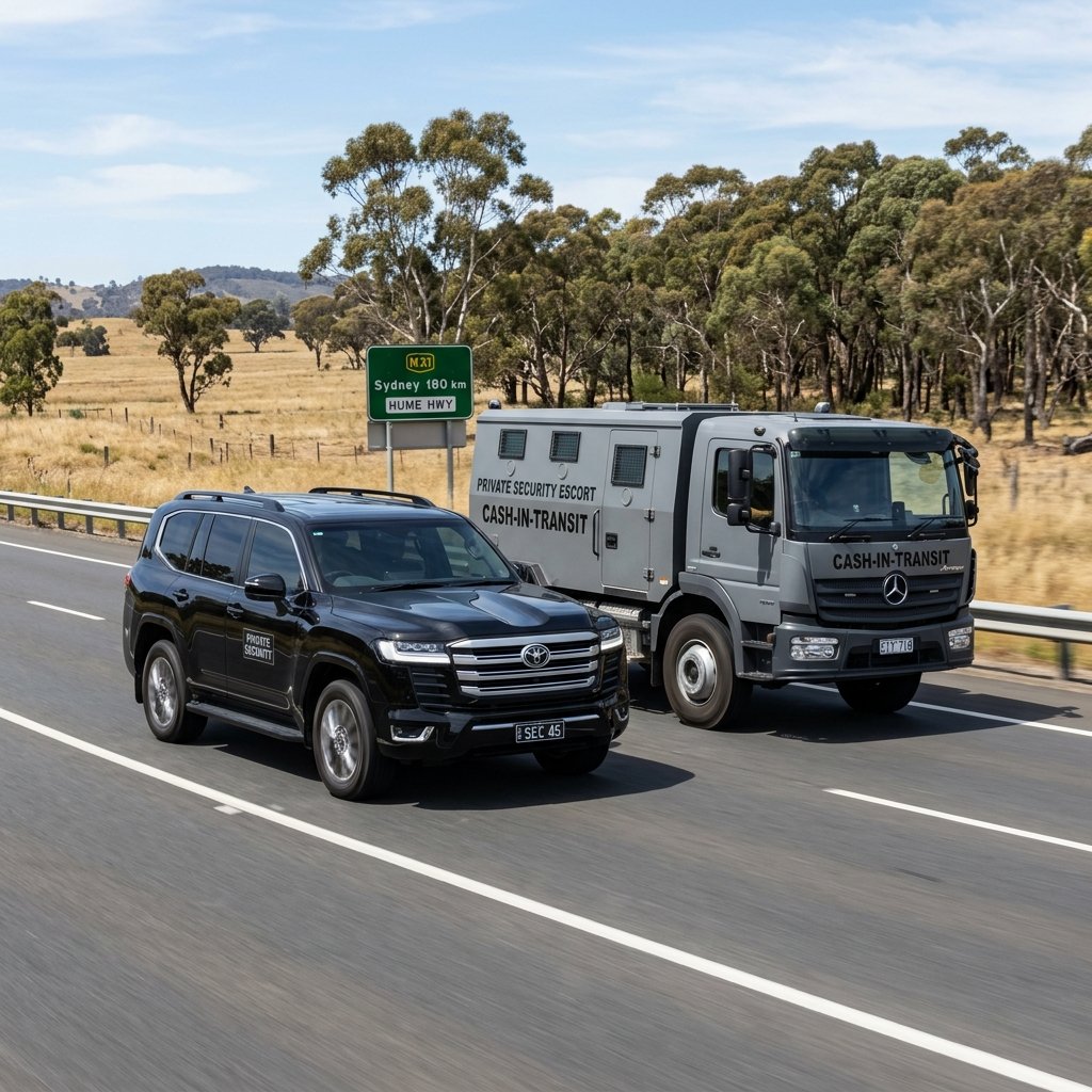 Professional Australian security escort convoy with SUV and armored truck