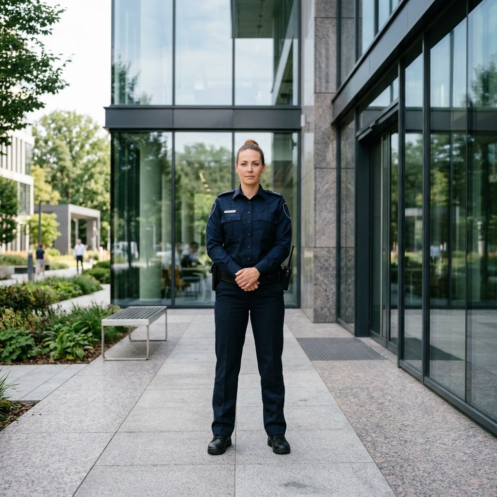 Professional uniform static security guard at a business park