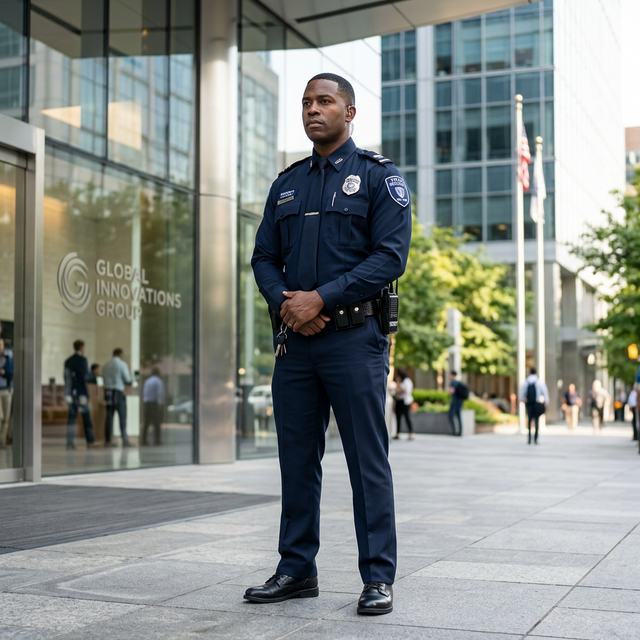 Standard uniform static security guard at a business park